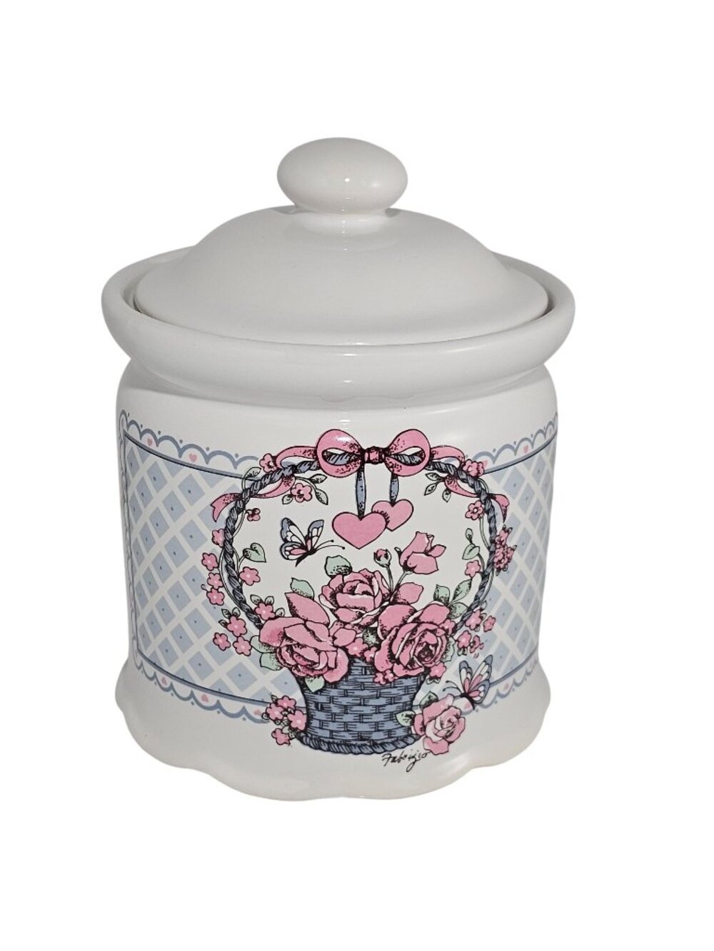 1980s Large Canister 7.5" Veranda Hearts Roses Basket Cottagecore vtg kitchen